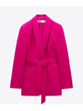 Zara Bright Pink Belted Shawl Collar Blazer SZ L tie belt tuxedo collar NWOT